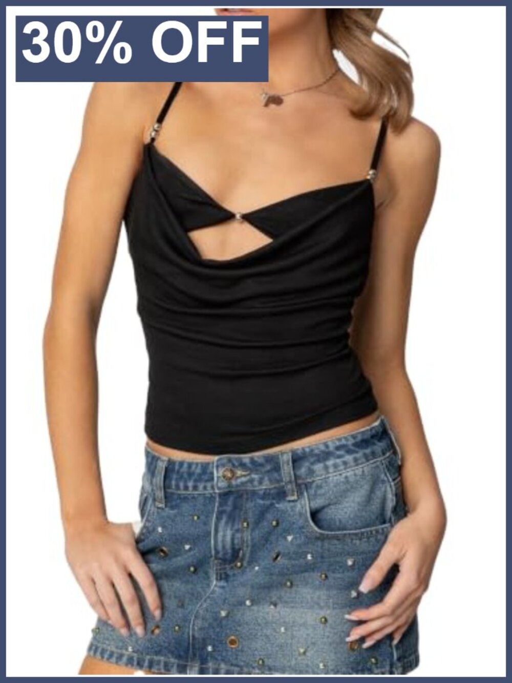 Cowl Neck Layered Cami Tank Top Draped Beaded Adjustable Straps Y2K Going Out